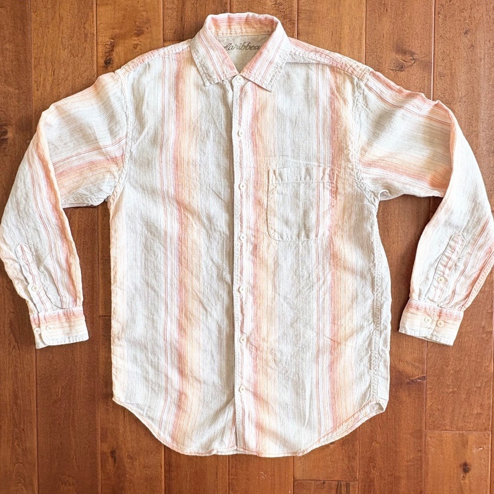Caribbean Button Down Shirt Striped Linen Blend‎ Mens Small Orange White